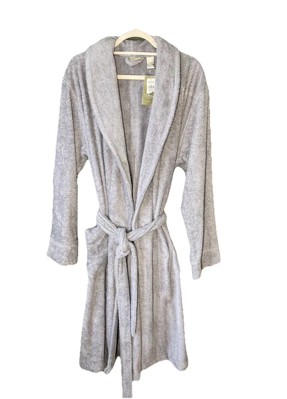 LL Bean Bathrobe Mens Medium NEW FLAWED Gray Terry Cloth Shawl Collar Loungewear